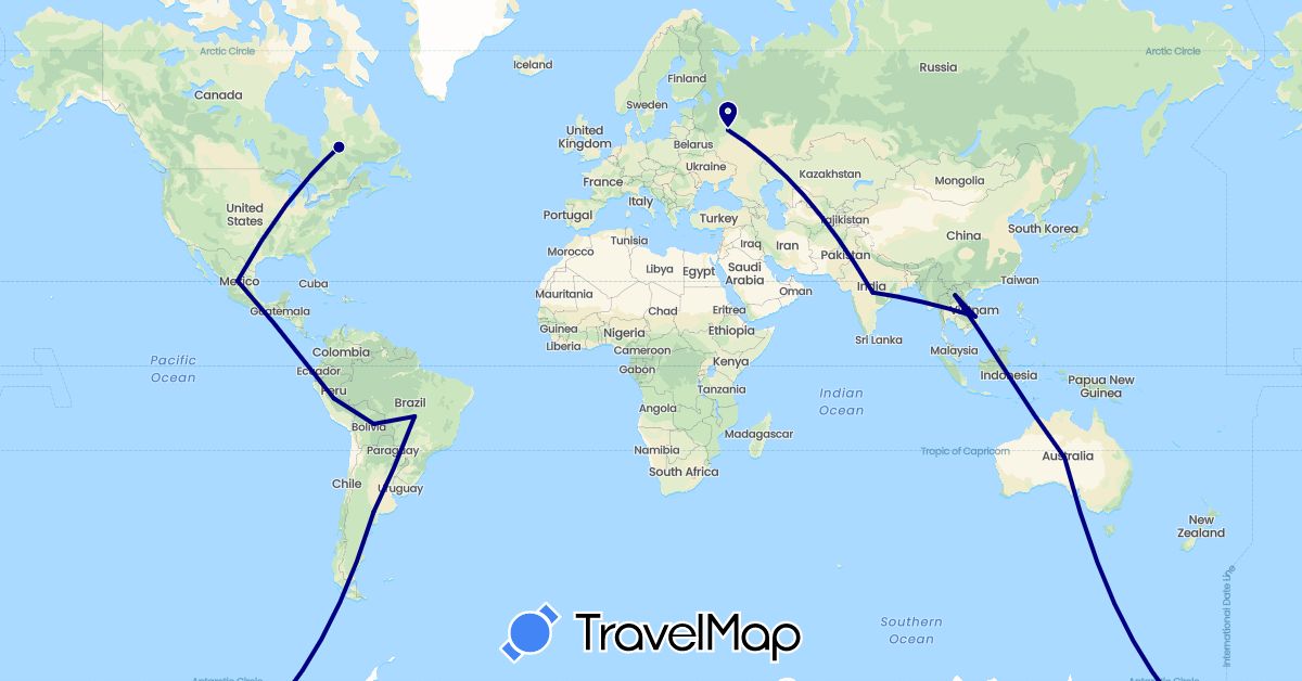 TravelMap itinerary: driving in Argentina, Australia, Bolivia, Brazil, Canada, India, Laos, Mexico, Peru, Russia, Vietnam (Asia, Europe, North America, Oceania, South America)
